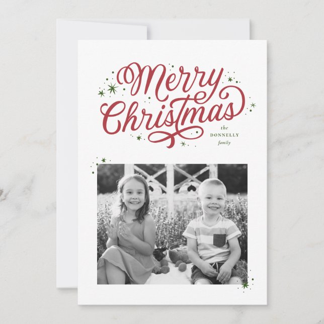 Classic Script Merry Christmas Red and Green Holiday Card (Front)