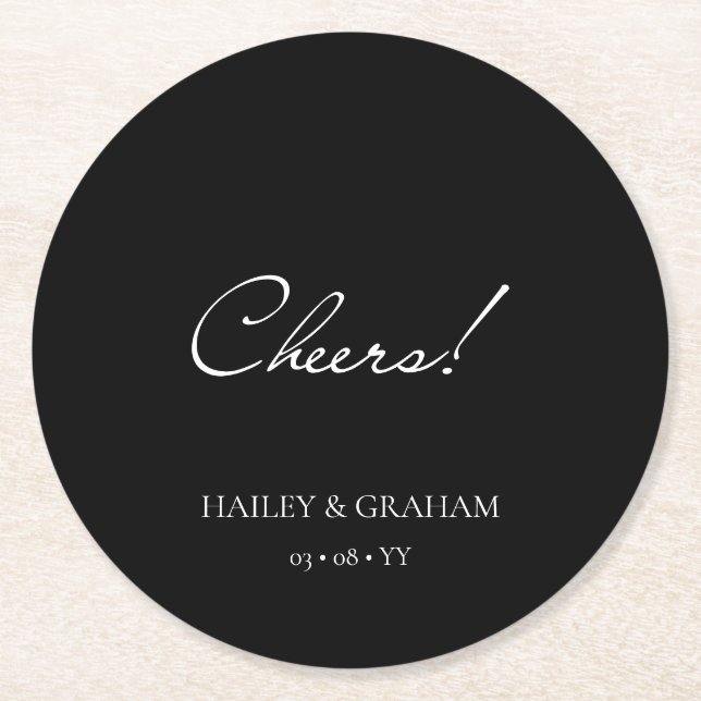 Classic Script Minimal Calligraphy Black Wedding Round Paper Coaster (Front)