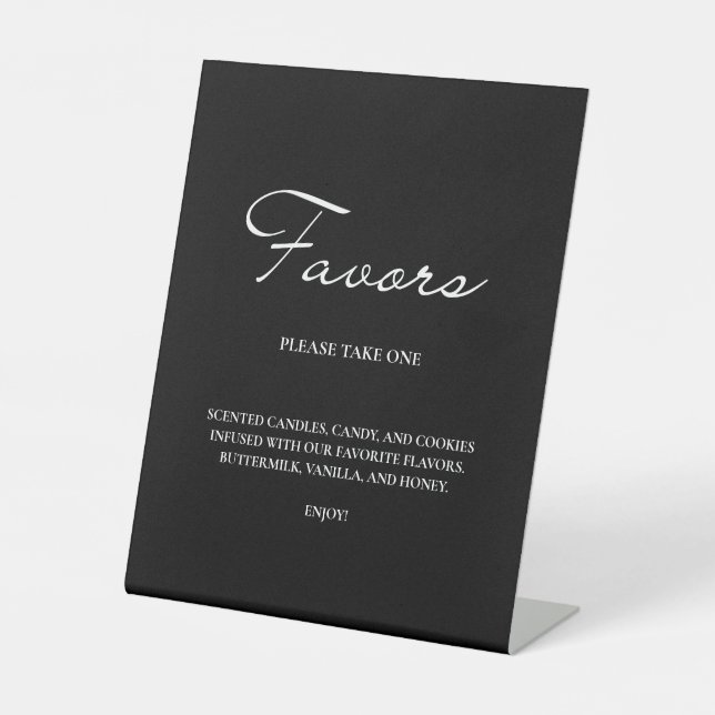 Classic Script Minimalist Favours Black Wedding Pedestal Sign (Front)