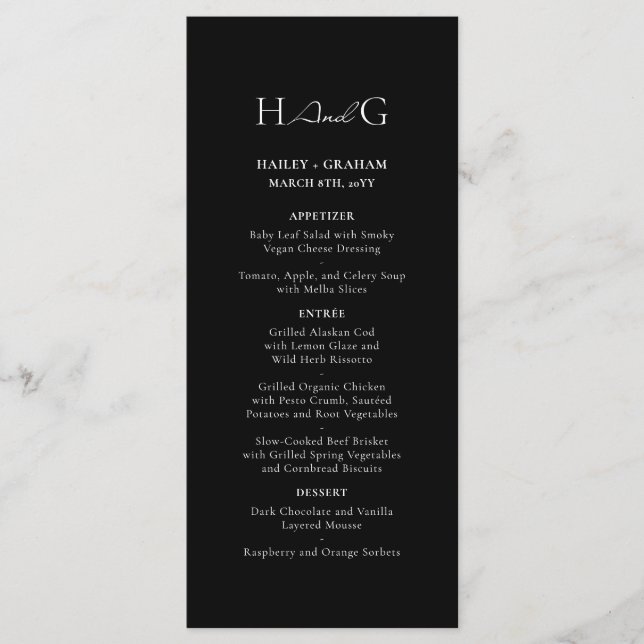 Classic Script Minimalist Monogram Black Wedding Menu (Front)