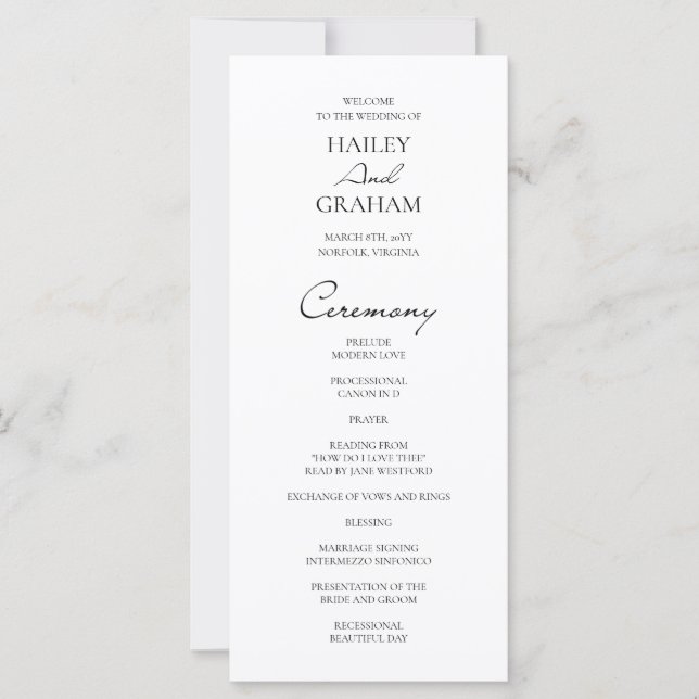 Classic Script Minimalist White Wedding Program (Front)
