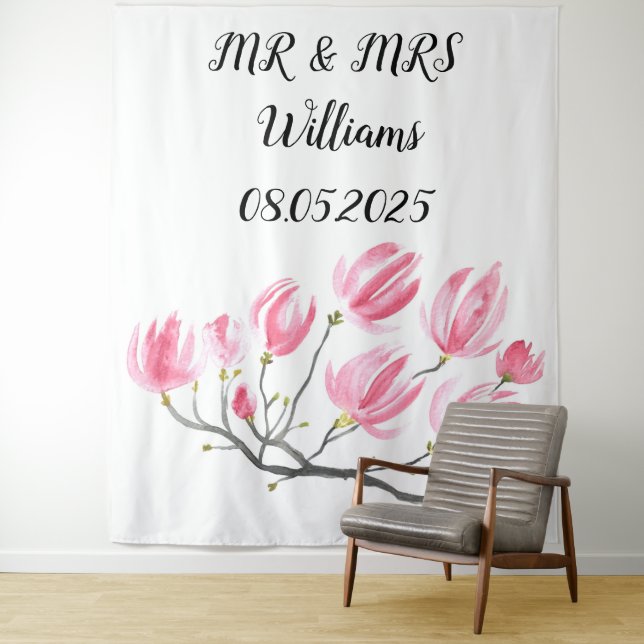 Classic Script Mr & Mrs Wedding Backdrop banner Tapestry (In Situ)