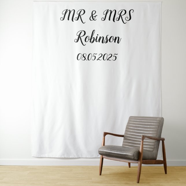 Classic Script Mr & Mrs Wedding Backdrop banner Tapestry (In Situ)