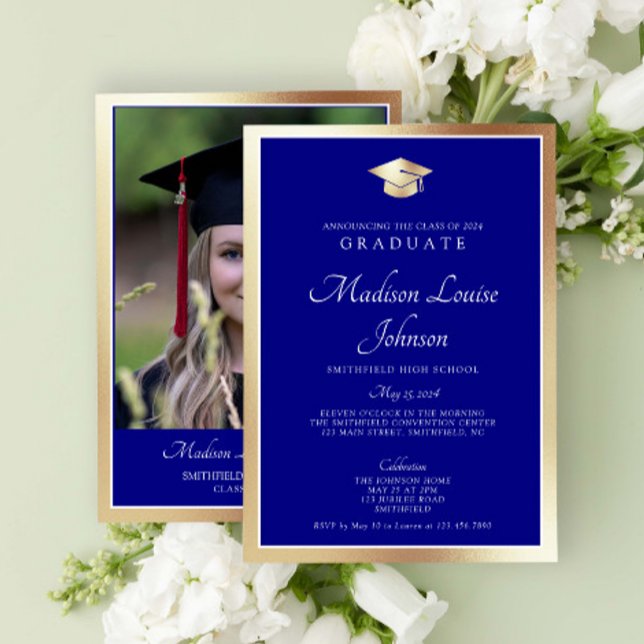 Classic Script Navy Blue & Gold Photo Graduation Invitation (Marking Milestones with Grace. #GradSuccess)