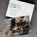 Classic Script Overlay Photo Save the Date Foil Invitation Postcard<br><div class="desc">Elegant save the date postcards feature your favourite photo in dramatic full-bleed, with "save the date" overlaid in rose gold foil calligraphy script adorned with swashes. Personalise the reverse side with your wedding details, including names, date, location, and additional information like your wedding website. Space provided for your pre-printed return...</div>