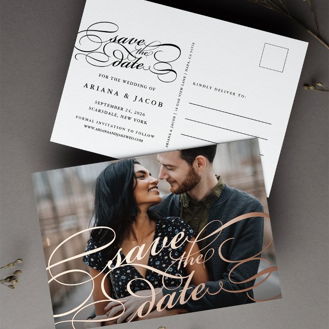 Classic Script Overlay Photo Save the Date Foil Invitation Postcard (Creator Uploaded)