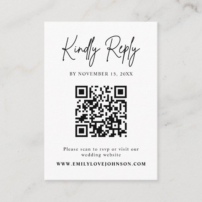 Classic Script QR Code Wedding RSVP Enclosure Card (Front)