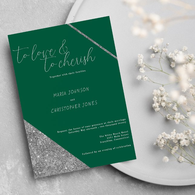 Classic script silver glitter jade green wedding invitation (Classic script silver glitter jade green wedding)