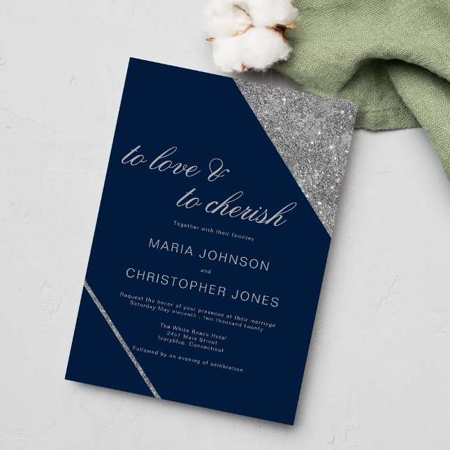 Classic script silver glitter navy blue wedding invitation (Classic script silver glitter navy blue wedding )