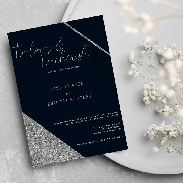 Classic script silver glitter navy blue wedding invitation (Classic script silver glitter navy blue Wedding)