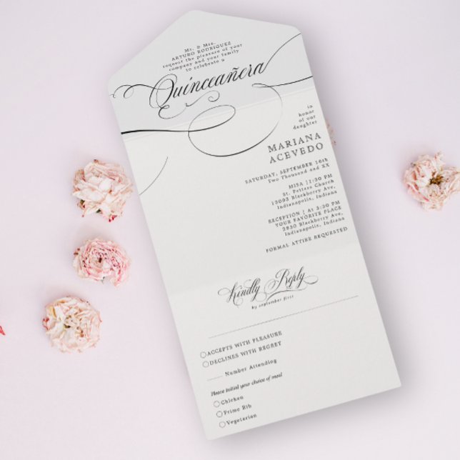 Classic Script Traditional Wording B&W Quinceañera All In One Invitation (Creator Uploaded)
