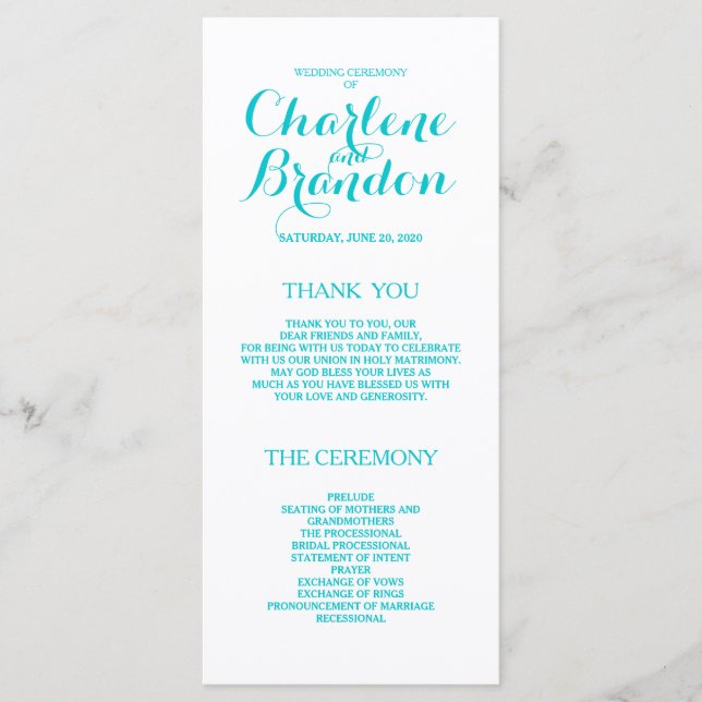 Classic Script | Turquoise Wedding Programs Programme (Front)