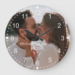 classic script wedding day photo round clock