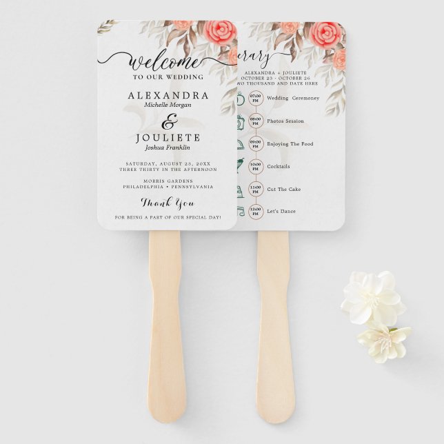 Classic Script Wedding Program and Timeline Hand F Fan (Front and Back)
