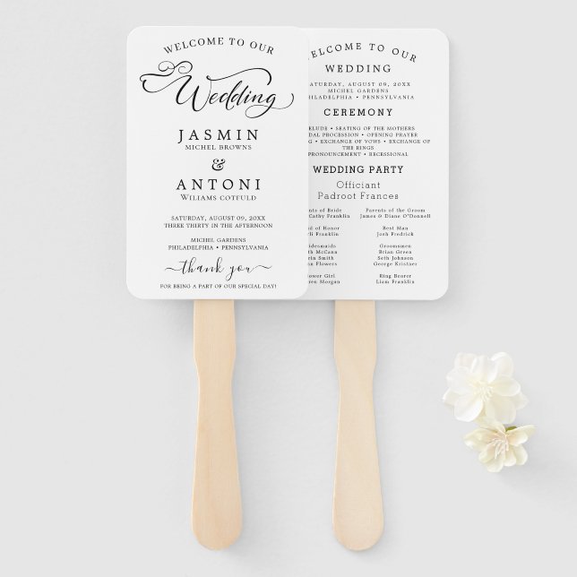 Classic Script Wedding Program and Timeline Hand Fan (Front and Back)