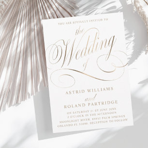 Classic Script White & faux Gold Wedding  Invitation