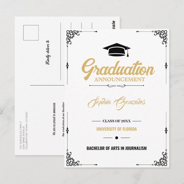 Classic Script White Graduation Announcement Postcard (Front/Back)