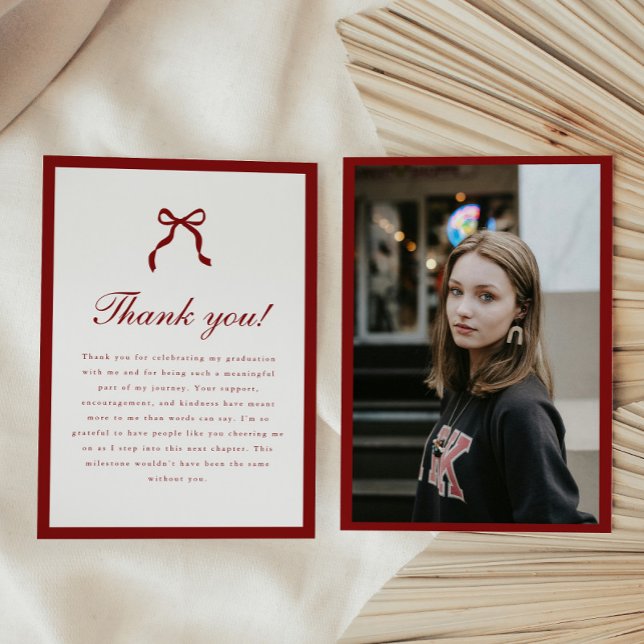 Classic Script Wine Red Coquette Graduation Photo Thank You Card (Creator Uploaded)