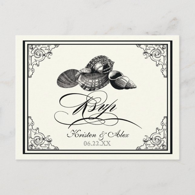 Classic Shells Black Cream Wedding Postcard RSVP (Front)