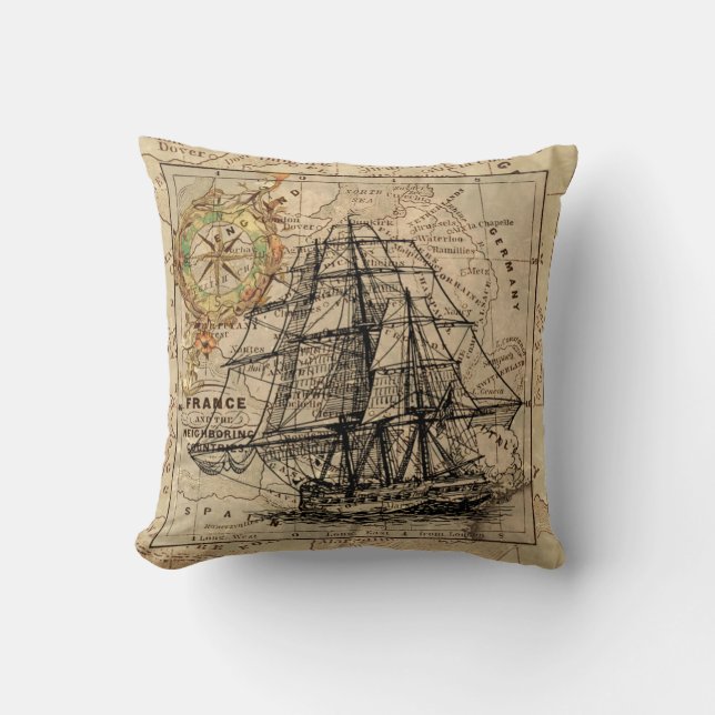 Classic Ship on Map Pillow. Cushion (Front)
