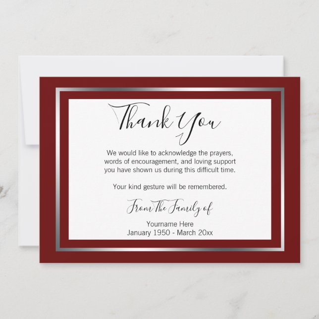 Classic Silver Border Funeral Thank You Card (Front)