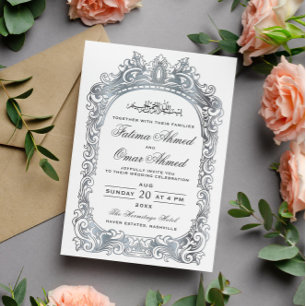 Classic Silver Border White Islamic Muslim Wedding Invitation