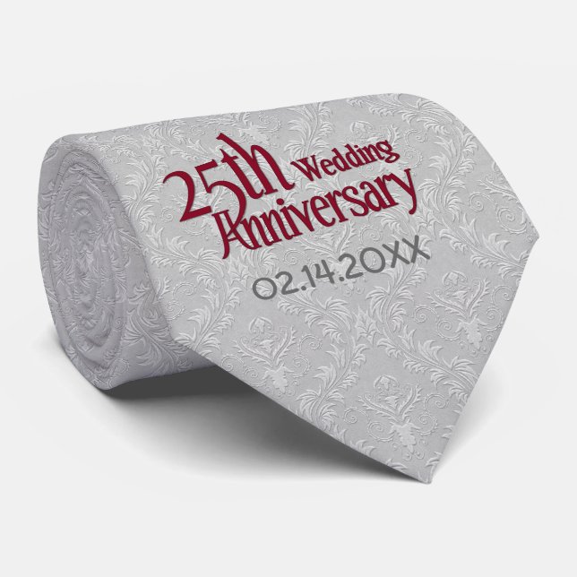 Classic Silver Damask 25th Wedding Anniversary Tie (Rolled)