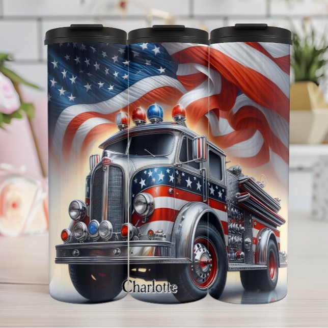 Classic Silver Fire Truck with Flag Thermal Tumbler (Creator Uploaded)