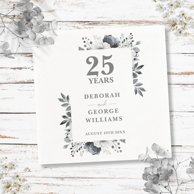 Classic Silver Floral 25th Wedding Anniversary  Napkin (Classic Silver Floral 25th Wedding Anniversary Napkins)