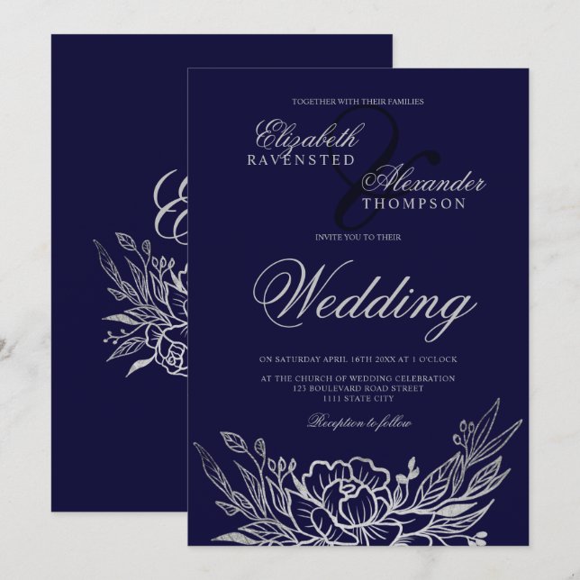 Classic silver floral peonies blue wedding invitation (Front/Back)