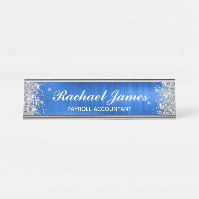 Classic Silver Glitter Royal Blue Foil Desk Name Plate (Front)