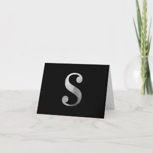 Classic Silver Grey Foil Monogram S on Black Thank You Card