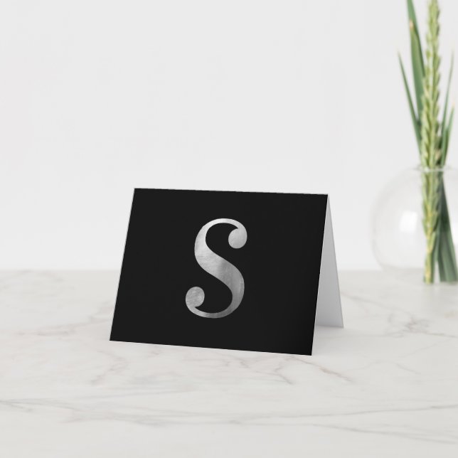 Classic Silver Grey Foil Monogram S on Black Thank You Card (Front)