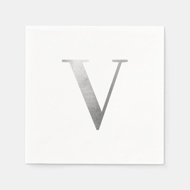 Classic Silver Grey Foil Monogram V Napkin (Front)
