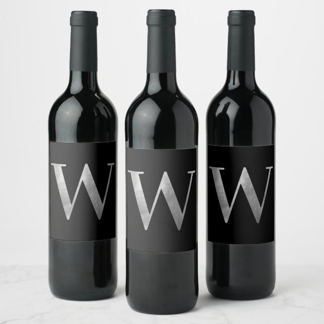 Classic Silver Grey Foil Monogram W on Black Wine Label (Bottles)