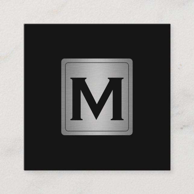 Classic Silver Metallic Label with Monogram Square Business Card (Front)