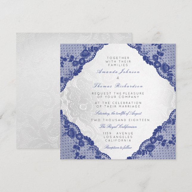 Classic Silver White Blue Navy Lace Wedding Invitation (Front/Back)