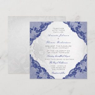 Classic Silver White Blue Navy Lace Wedding Invitation