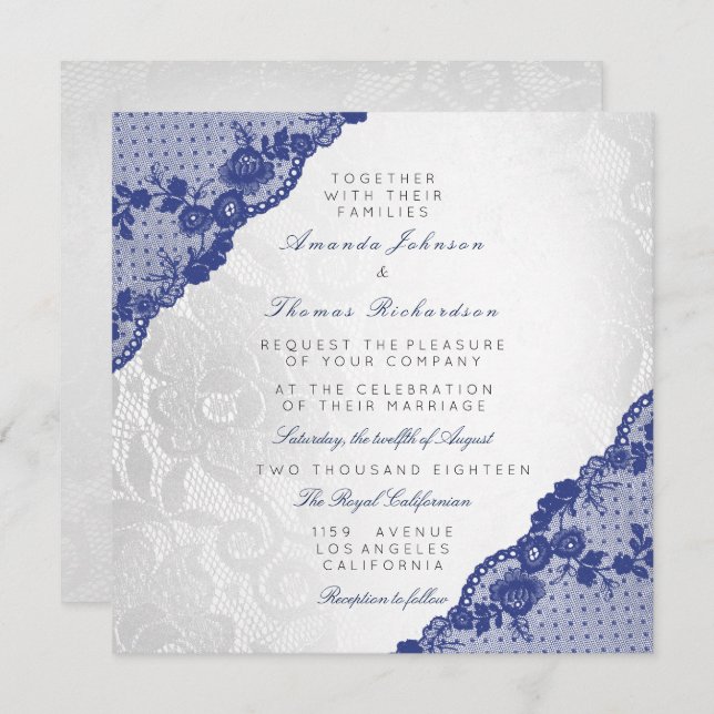 Classic Silver White Blue Navy Lace Wedding Invitation (Front/Back)
