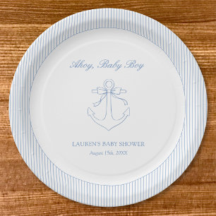 Classic Simple Ahoy Baby Boy Elegant Shower Paper Plate