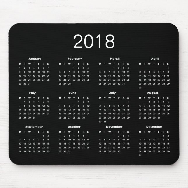 Classic Simple Black And White 2018 Calendar Mouse Mat (Front)