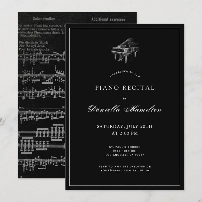 Classic Simple Black Piano Recital Invitation (Front/Back)