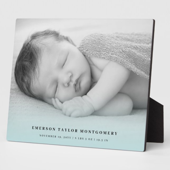 Classic Simple Blue Gradient New Baby Photo Easel Plaque (Side)