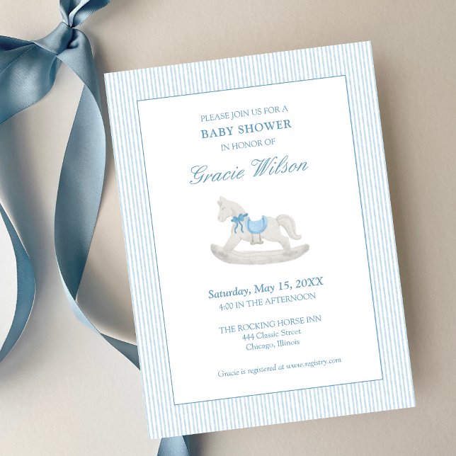 Classic Simple Blue Rocking Horse Baby Shower Invitation (Creator Uploaded)