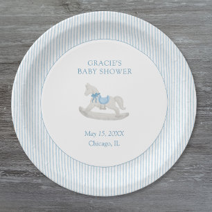 Classic Simple Blue Rocking Horse Boy Baby Shower Paper Plate