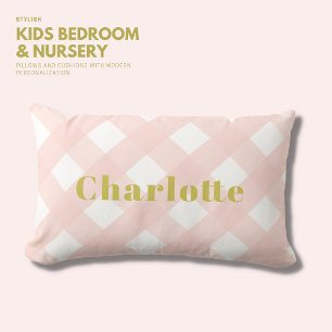 Classic Simple Blush Pink Gingham Gold Monogram Lumbar Cushion