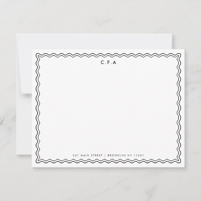 Classic Simple Chic Black 3 Monogram Wave Border Card (Front)