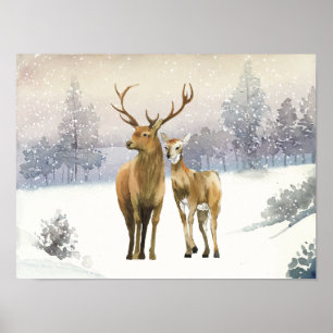 Classic simple Christmas watercolor reindeers  Poster