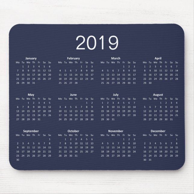 Classic Simple Custom Colour 2019 Calendar Mouse Mat (Front)