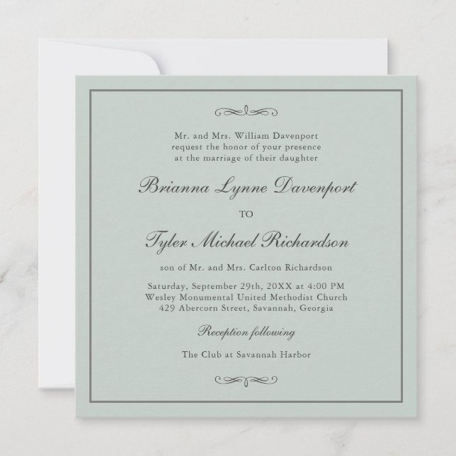 Classic Simple Elegance Sage Green Square Wedding Invitation (Front)